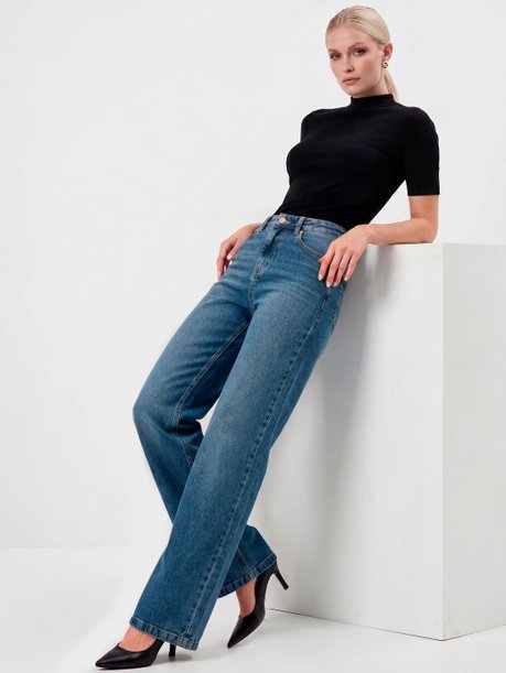 Calça Jeans Wide Leg Azul Médio Selene