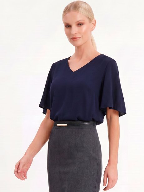 Blusa Manga Curta Decote V em Viscose Marinho Marlu