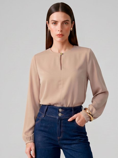 Blusa Manga Longa em Viscose Bege Anya