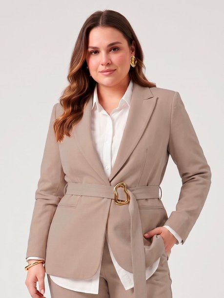 Blazer Alfaiataria Intermediário Plus Size Bege Kelya