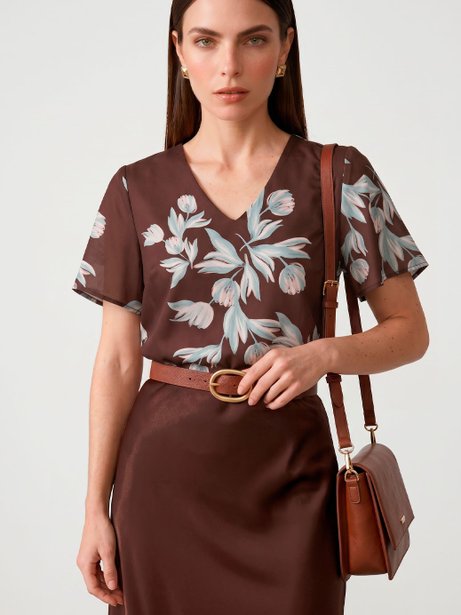 Blusa Manga Godê em Crepe Estampado Floral Alba