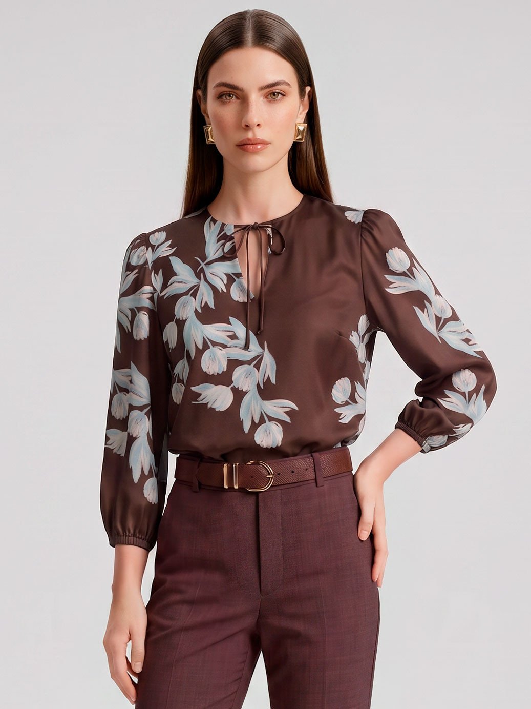 19200604 calca alfaiataria reta regular marrom tali 10501749 blusa manga 78 adelaine 2
