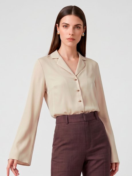 Camisa Manga Longa Gola Notch em Viscose Bege Marla