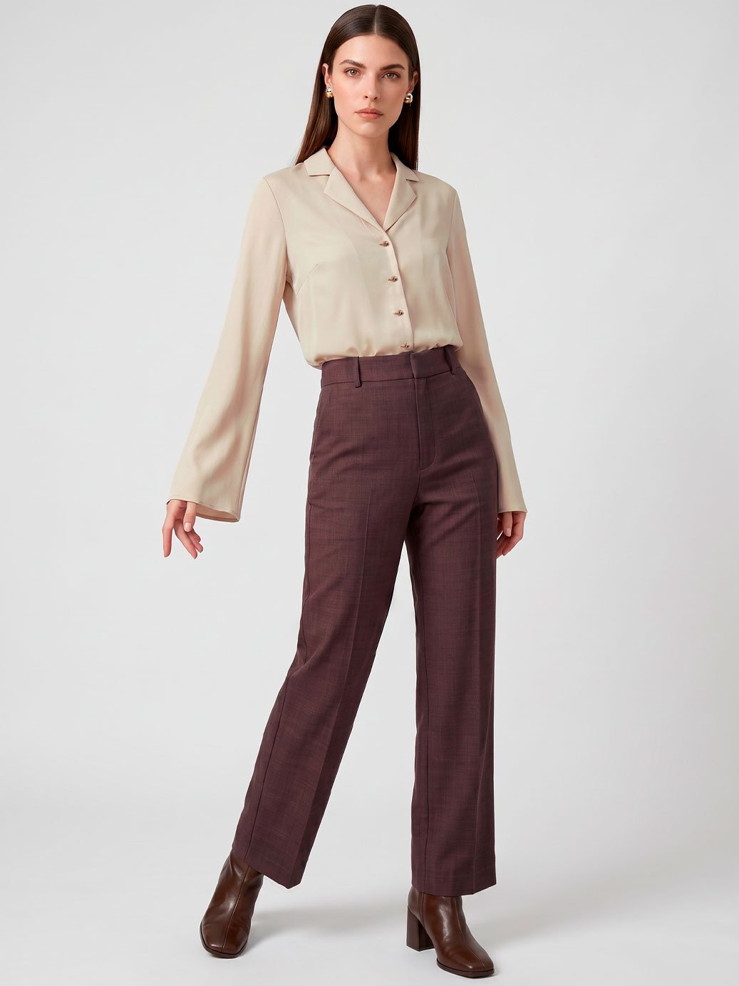 19200604 calca reta marrom tali 10202338 camisa manga longa gola notch bege marla 1 2