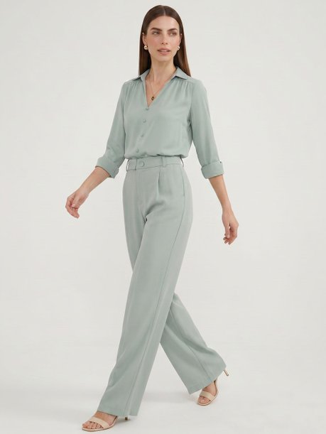 Calça Wide Leg de Alfaiataria em Viscose Verde Água Silvana