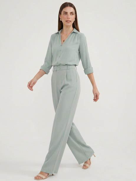 Calça Wide Leg em Alfaiataria de Viscose Verde água Silvana