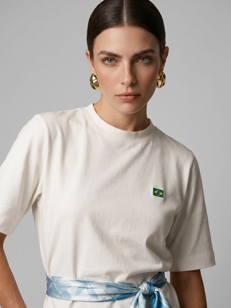 Blusa Manga Curta em Algodão com Bordado Off White Alexandra