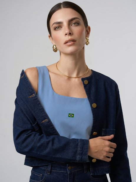 Blusa Regata com Decote Quadrado e Bordado Minimalista Azul Mary