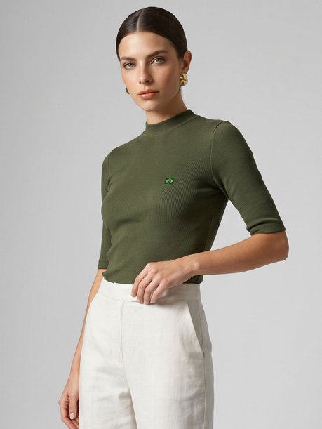 Blusa Canelada Gola Alta Verde com Bordado Militar Salma