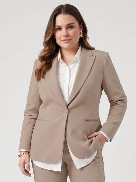 Blazer Alfaiataria Intermediário Plus Size Bege Kelya