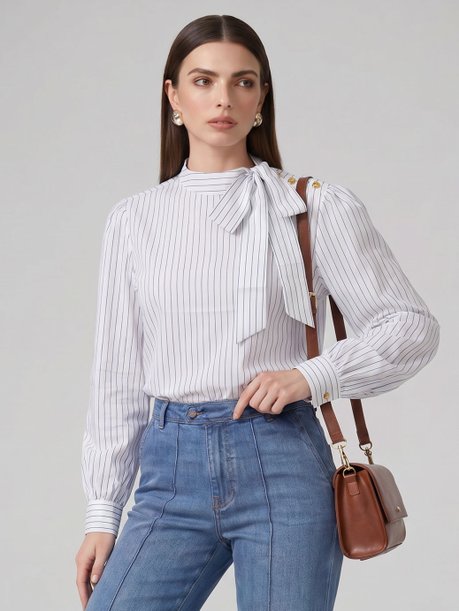 Blusa Manga Longa em Algodão Listrado Off White Vandy