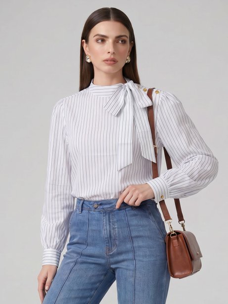 Blusa Manga Longa em Algodão Listrado Off White Vandy