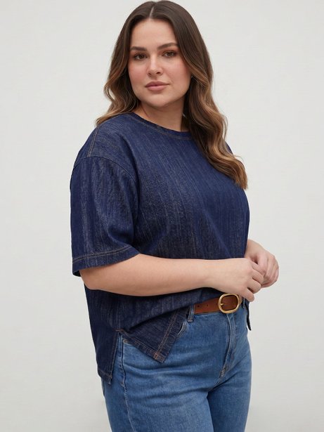 Blusa Jeans Reta Plus Size Azul Escuro Cici