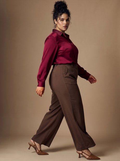 Calça Alfaiataria Wide Leg Plus Size Marrom Antonia