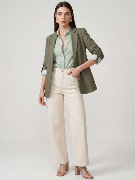 Calça Wide Leg em Sarja Off White Atena