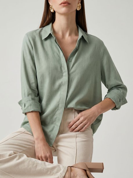 Camisa Manga Longa Oversized em Viscose Verde Pistache Kemya
