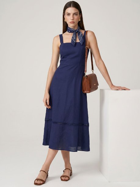Vestido com Alça Midi em Viscose Marinho Samanta