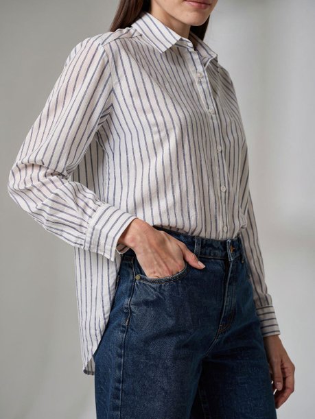 Camisa Comfy de Algodão Listrado Off e Marinho Tiany