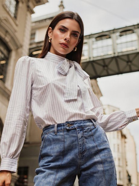 Blusa Manga Longa em Algodão Listrado Off White Vandy