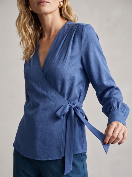 Blusa Manga Longa com Transpasse e Amarração Azul Esmerine