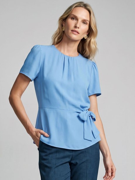 Blusa Manga Curta com Amarração na Cintura  Azul Claro Graça
