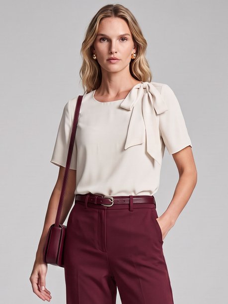 Blusa Manga Curta em Crepe Aveia Tessalia