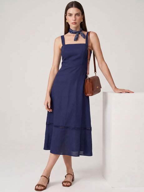 Vestido com Alça Midi em Viscose Marinho Samanta
