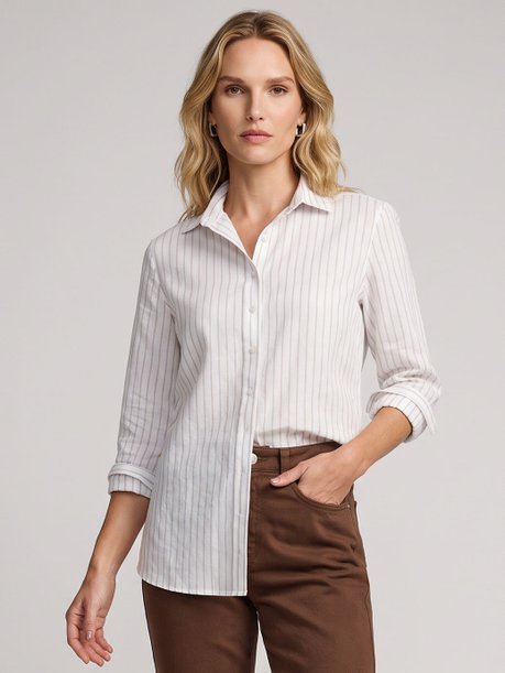 Camisa Comfy de Algodão Fio Tinto Listrada Off e Bege Belmira