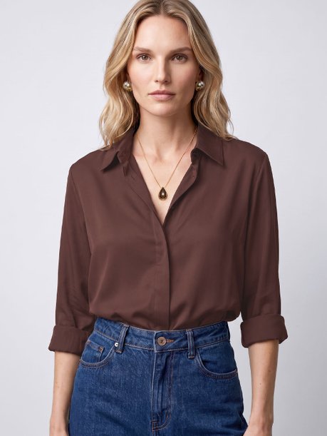 Camisa Feminina Comfy Manga Longa Marrom Malika