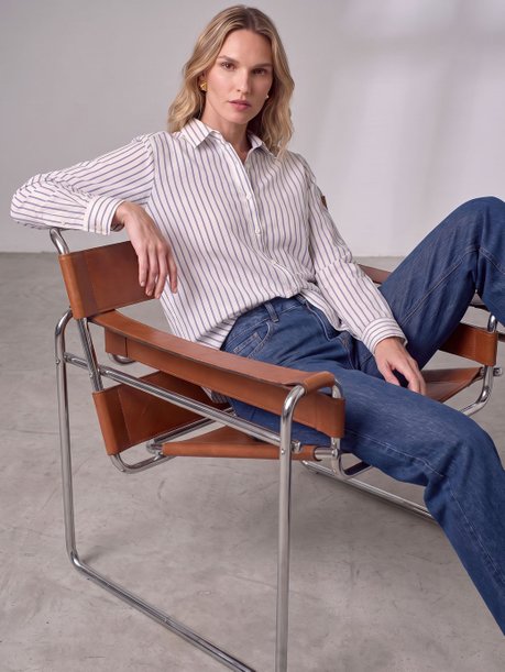 Camisa Comfy de Algodão Listrado Off e Marinho Tiany