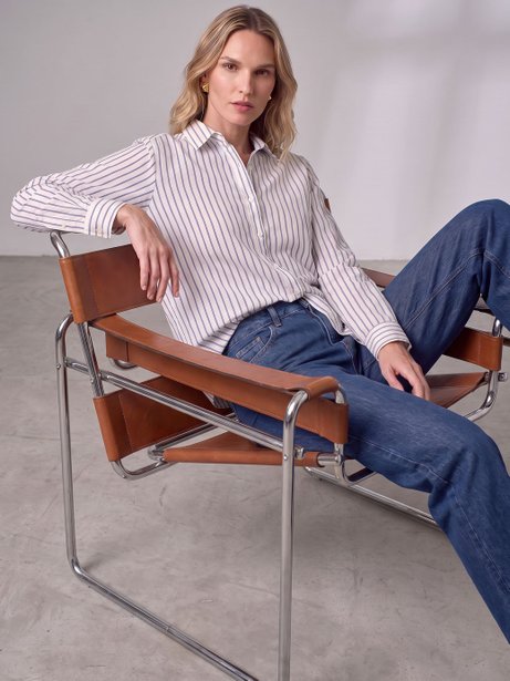 Camisa Comfy de Algodão Listrado Off e Marinho Tiany