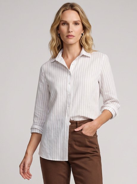 Camisa Comfy de Algodão Fio Tinto Listrada Off e Bege Belmira