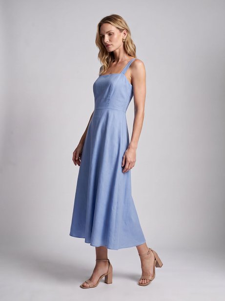 Vestido Longuete com Saia Evasê em Linho Azul Sereno Jeysi