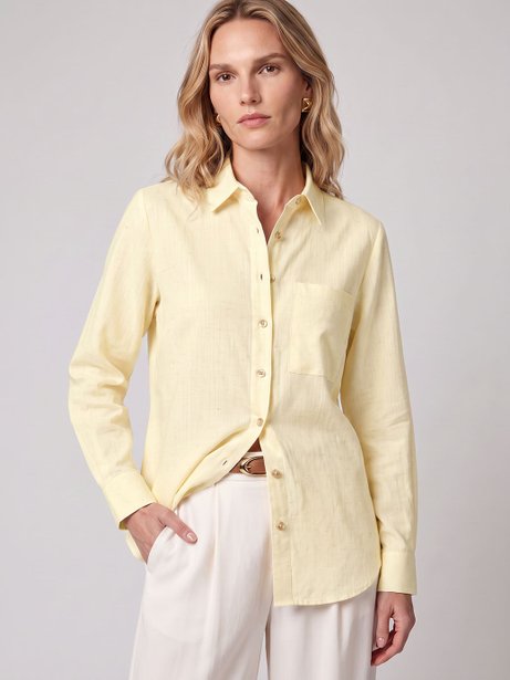 Camisa Manga Longa Oversized em Linho Amarelo Baunilha Kali