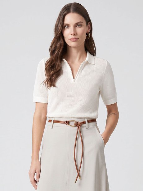 Blusa Polo em Malha Texturizada Off White Talira