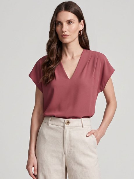 Blusa em Crepe com Decote V e Pregas Terrracota Oliviana