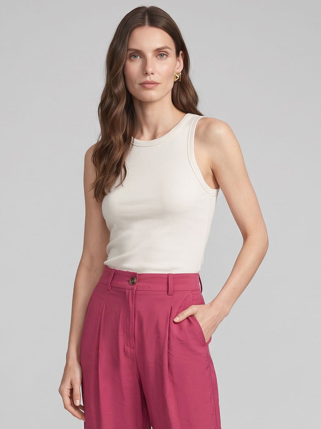 19200644 calca wide leg alfaiataria terracota catarine 10800372 regata malha canelada off white estefani 2