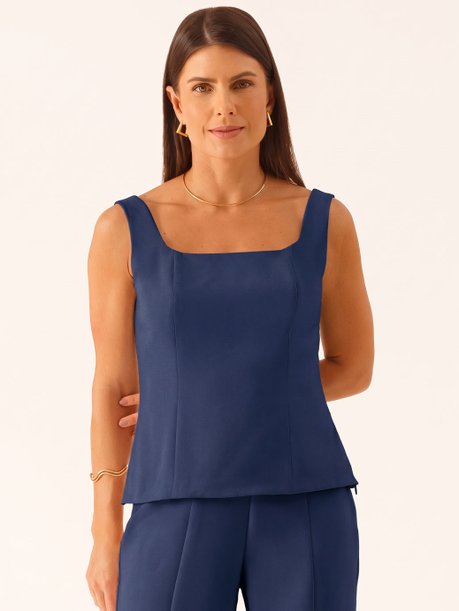 Blusa Alfaiataria com Alças Decote Reto Marinho Bielly