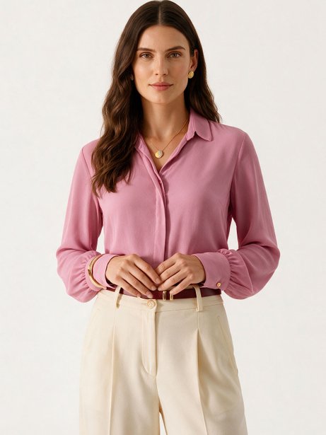 Camisa Manga Longa Regular em Crepe Rosa Antigo Ines