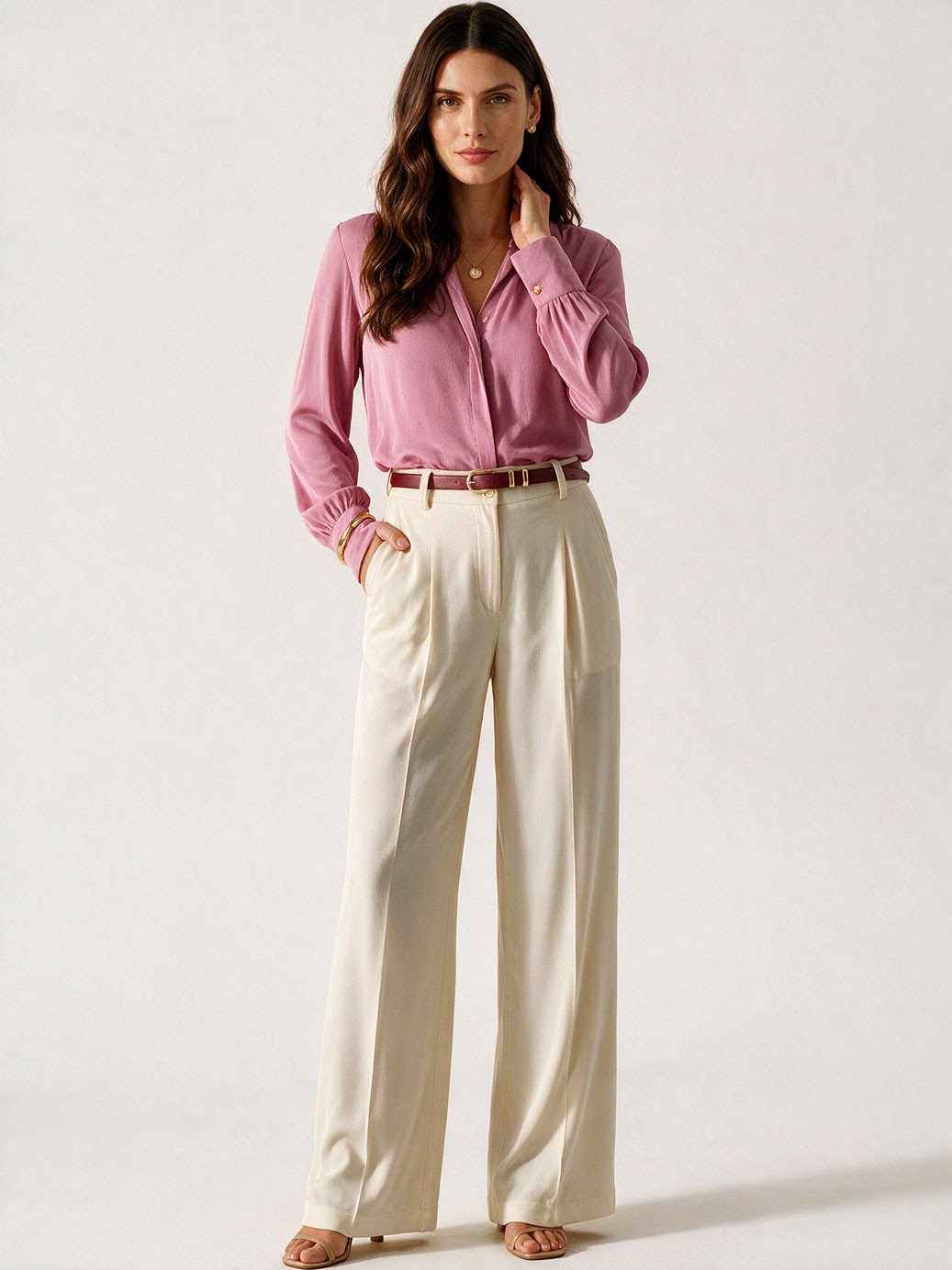 10202311 camisa manga longa regular em crepe rosa antigo ines 19200639 calca de alfaiataria pantalona off white milana 1