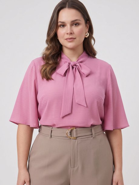 Blusa Decote V em Chiffon Plus Size Rosa Bete