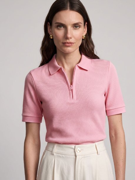 Blusa Polo Feminina em Malha Texturizada Rosa Talira