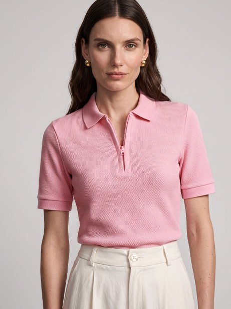 Blusa Polo Feminina em Malha Texturizada Rosa Talira