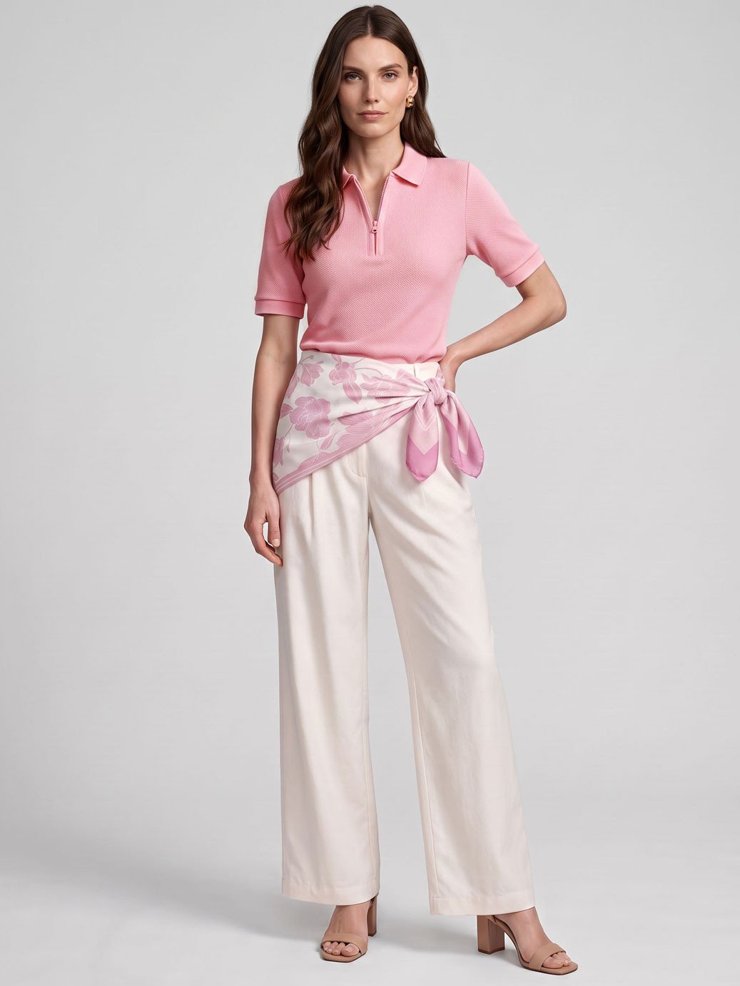 10501856 blusa polo feminina em rosa talira 10161092 lenco estampa rosa livia 19200639 calca de alfaiataria pantalona off white milana