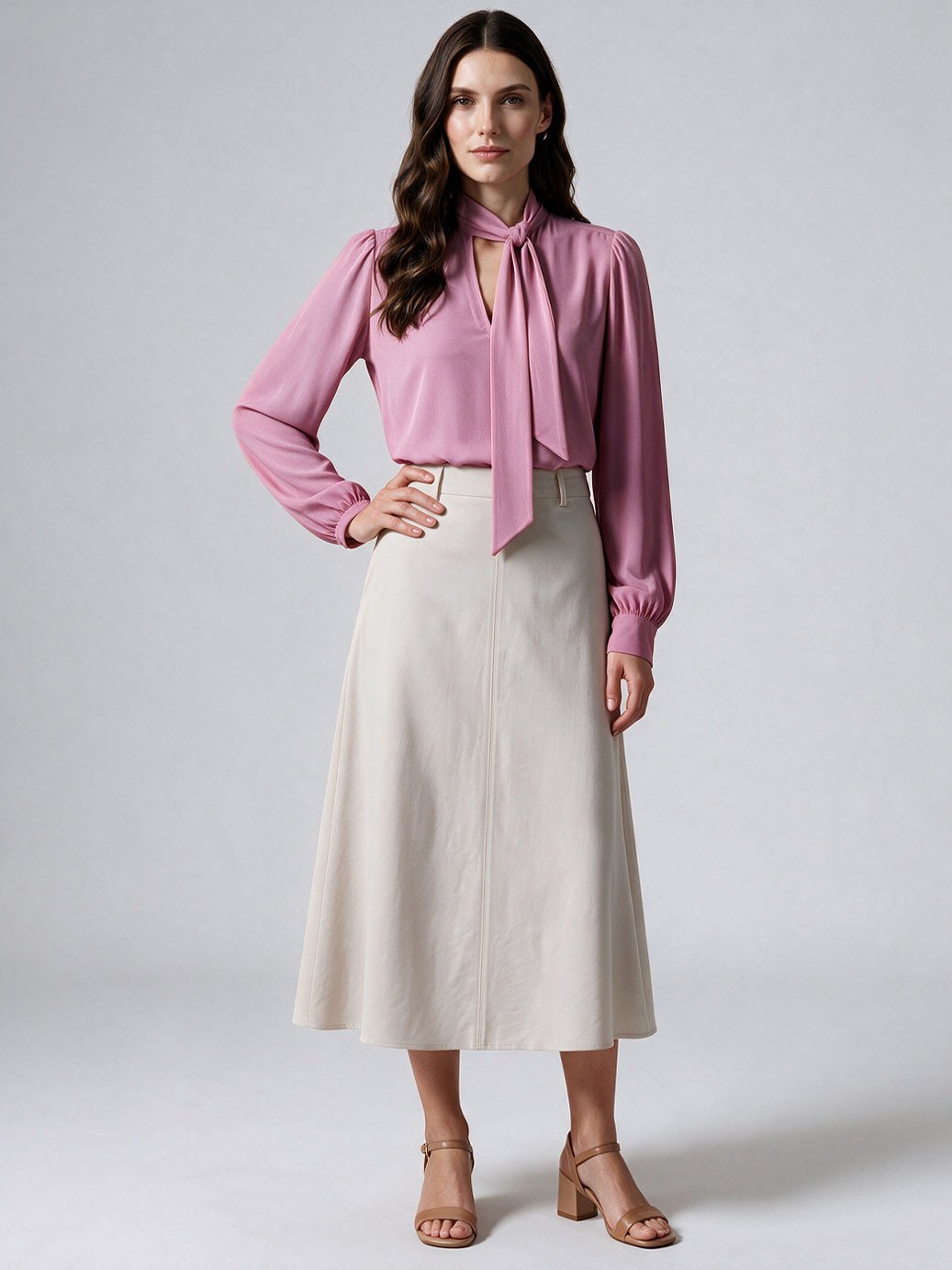 11000406 saia alfaiataria maxi sarja areia gislayne 10501668 blusa manga longa gola laco em crepe rosa elizabeth 1