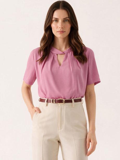 Blusa Manga Curta em Chiffon Rosa Eliana