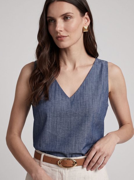 Regata Feminina Decote V Jeans Azul Médio Irene