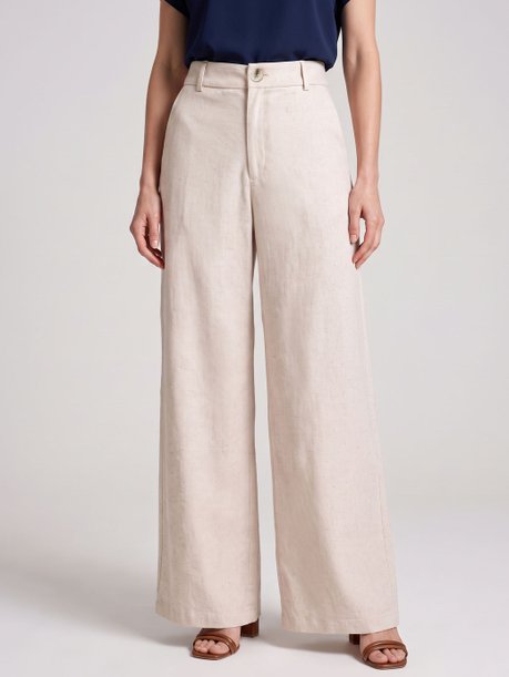 Calça Pantalona com Bolsos em Linho Natural Iselle