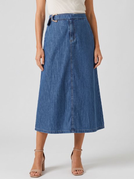 Saia Jeans Evasê Longuete Azul Médio Vanice