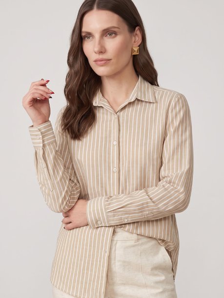 Camisa Feminina Comfy em Algodão Listrada Nude Elizara